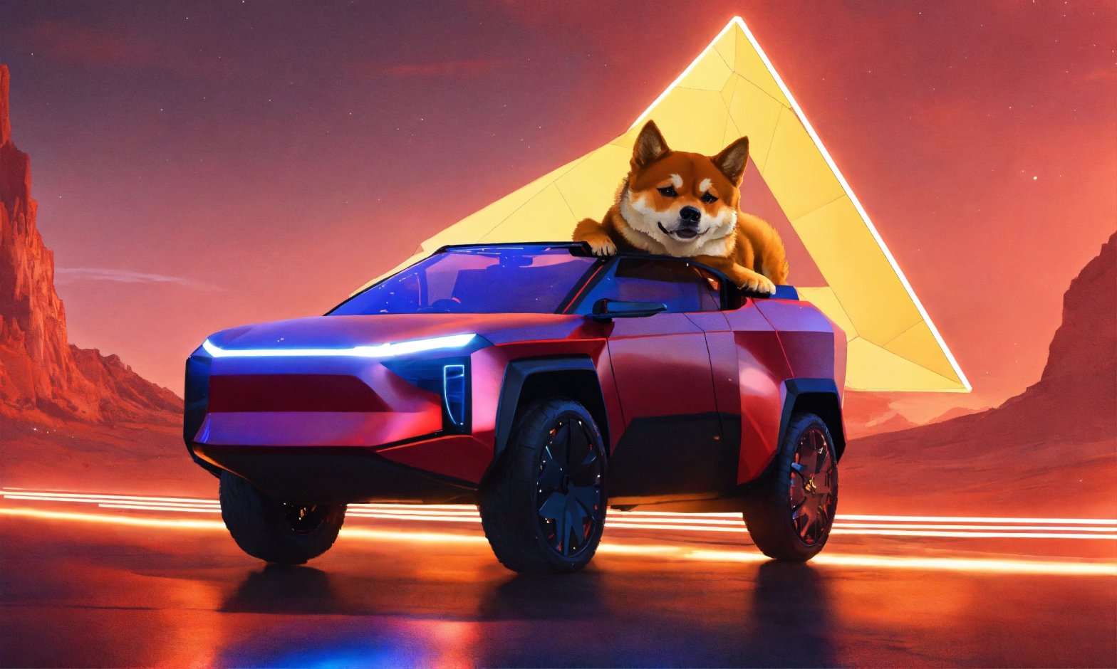 A shiba inu from the dogecoin cryptocurrency driving a tesla cybertruck